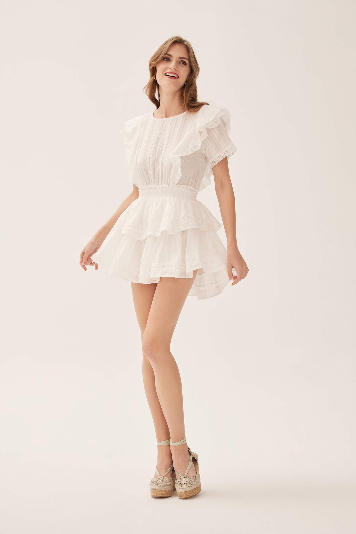 Aeris Lace Ruffled Tiered Mini Dress in White